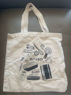 EXCLUSIVE GRAND OPENING 🐼 🪥💇‍♀️ Daiso Cream Canvas Tote with Black Graphic Print
